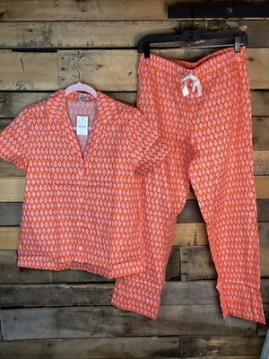 New J Crew Women Bold Orange Pink Cropped PJ Set S Elastic Waist Cotton Floral - Image 1 of 4