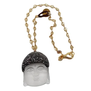 18" Gold Plated Chain Necklace Clear Quartz Carved Buddha CZ pave Pendant - Imagen 1 de 8