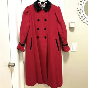 Vintage Rothschild rot Wolle Trenchcoat Mädchen 12 Samt verzierter Kragen Urlaub - Bild 1 von 7