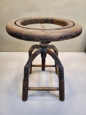 Antique Oak / Cast Iron Screw Jack Drafting Stool, Industrial, Needs Seat Caning - Image 1 of 4