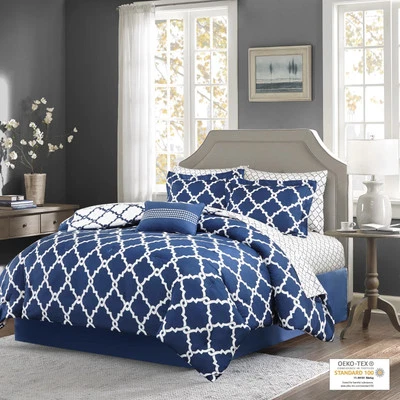 Conjunto de edredom Home Essence 9 peças cama em uma bolsa azul marinho Califórnia king caixa aberta - Imagem 1 de 3