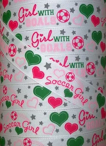 5 yds 7/8" M2MG I LOVE SOCCER GROSGRAIN RIBBON 4 BOWS - Picture 1 of 1