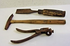 Vintage Antique Wood Working Leather Tool Lot of 3 Tack Hammer Gouge - Picture 1 of 10