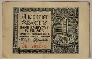 BILLETE DE 1 ZLOTE POLONIA 1941 RARO BILLETE XF ESTADO - Imagen 1 de 2