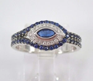 3.2 Ct Marquise Cut Simulated Blue Sapphire Evil Eye Ring 14k White Gold Plated - Picture 1 of 9