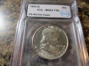 1953-D FRANKLIN HALF DOLLAR BUG'S BUNNY ICG MS62 FBL FS-402 DIE CLASH 402 - Picture 1 of 2