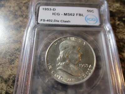 1953-D FRANKLIN HALF DOLLAR BUG'S BUNNY ICG MS62 FBL FS-402 DIE CLASH   402 - Image 1 of 2