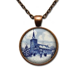 Holiday Winter Church Delft Dutch Victorian - ROUND Glass Pendant Necklace - Picture 1 of 10