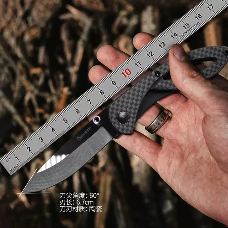 Hoja de cerámica L6,7 cm mango de fibra de carbono L9,8 cm cuchillo plegable afilado + clip trasero Foto 1 de 4
