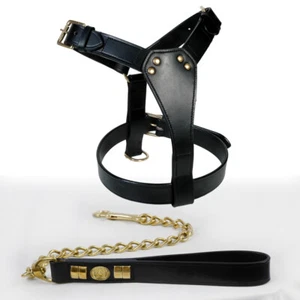 LEATHER DOG PLAIN HARNESS + CHAIN LEAD SET FITTED WITH BRASS HARDWARE 6 COLORS - Picture 1 of 12