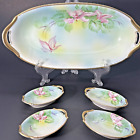 VTG 1920s Meito China Japan Oblong Celery Dish w/4 Open Salts Hand Painted Flora