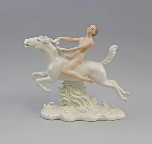 9941720 Porzellan Figur Wallendorf Dame Mädchen Akt auf Pferd 27x24cm - Bild 1 von 3