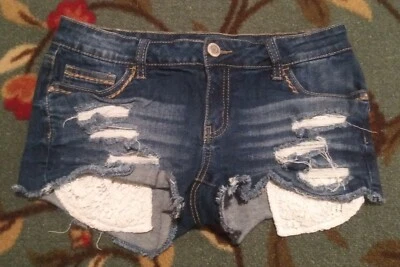 Vanilla Star Womens Jean Shorts Distressed 7 Blue Denim Stretch Short Cut offs - Image 1 of 4