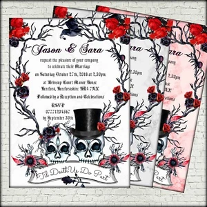 6 Skull Bride & Groom Personalised Gothic Invitations & Envelopes - Picture 1 of 5