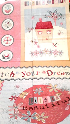 Ткань красный петух панели «Жизнь прекрасна» желтовато-коричневый светло-синий розовый дом $5,95 - Изображение 1 из 4