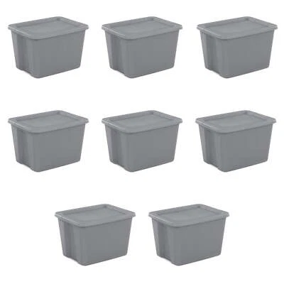 18 G Plastic Tote Box Gray 8 Pcs Pack Large Storage Crate Chest Organizer Moving - Image 1 of 4