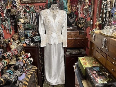 Gorgeous￼ Vintage Nina Balducci Ivory Wedding Suit Gold Sequins & Pearls Size 12 - Image 1 of 4