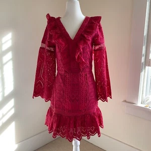Anthropologie TRYB Eyelet Ruffle Mini Dress Size M Pink Embroidered Long Sleeve - Bild 1 von 10