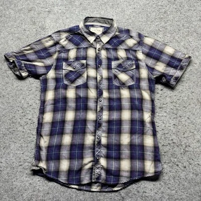 Camisa BKE Vintage Calce Atlético Manga Corta Perla A Presión Para Hombres Grande Púrpura A Cuadros Foto 1 de 4