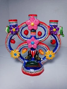 Vintage Folk Art Pottery Mexican Tree of Life Candle Holder Colorful Birds - Picture 1 of 6