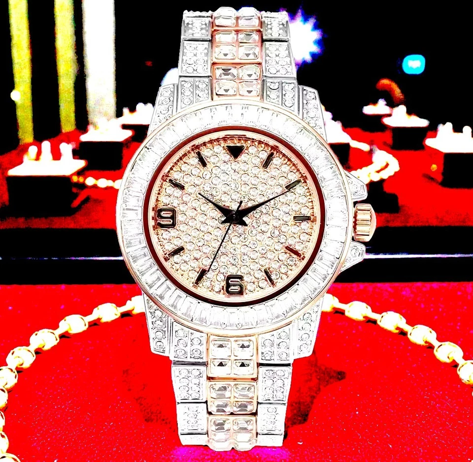 NOVO 2025 VVS Iced Out Baguette relógio de diamante rosa e prata dois tons luxo BLING - Imagem 1 de 1