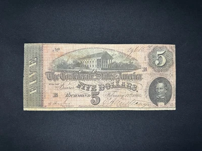 1864 Confederate States of America Five Dollars Currency Note | Ungraded "G-VG" - Image 1 of 2