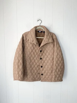 Lands' End Houndstooth Insulated Quilted Barn Jacket Button Mock Neck Tan XL P - Image 1 of 4