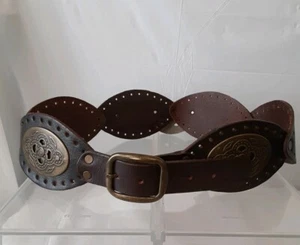 Massimo Duties Brown Leather & Brass Belt Boho Hippie Festival Size 30 - Picture 1 of 12