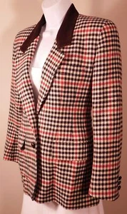 ANNE KLEIN II Women's Ivory Red Brown Black Plaid Single Breasted Sueded Coll... - Picture 1 of 7