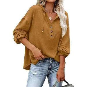 Womens V Neck Long Sleeve Henley Shirts Button Down Sweatshirts Hoodies Tunic To - Picture 1 of 5