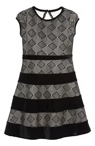 US Angels Girl's Cap Sleeve Metallic Dress With Velvet Stripes, Black/Gold. - Picture 1 of 11