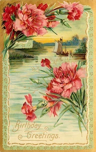 AK Geburtstagsgrüße Germany Made ca. 1910 Rote Chrysantheme See Boot - Bild 1 von 2