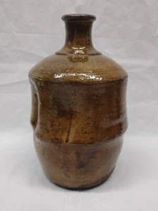 Antique Japanese Pottery Sake Bottle Jug Brown Pinched  - Picture 1 of 24