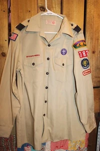 Boy Scouts Men's Adult Shirt Large Tan Long Sleeve Sewn on patches - Picture 1 of 4