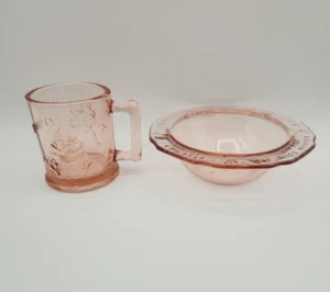 VTG Pink Depression Glass Childs Nursery Rhymes Humpty Dumpty Cup & Bowl EUC - Picture 1 of 15
