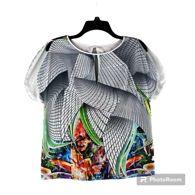 Blusa Top Clover Canyon Diseñador Abstracto Estampado Geométrico Agujero de Llave Manga Corta S Foto 1 de 4