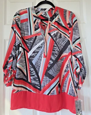 VALERIE STEVENS многоцветный абстрактный печать верхний длинный рулон вкладка рукава размер S новый с Ярлыками - Изображение 1 из 4