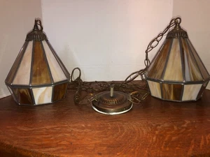Retro Pair Caramel Slag Glass Pendant Swag Lamp Shades With Chains - Picture 1 of 11