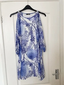 Vestido Quiz Talla 12 Azul Floral Hombro Frío Cinturón Túnica Fiesta Ocasión Formal - Imagen 1 de 9