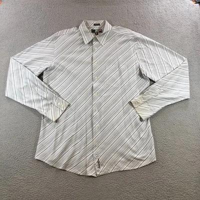 винтажный якорь синяя рубашка мужская XL белая в полоску длинным рукавом на пуговицах тонкий крой логотип - Изображение 1 из 4