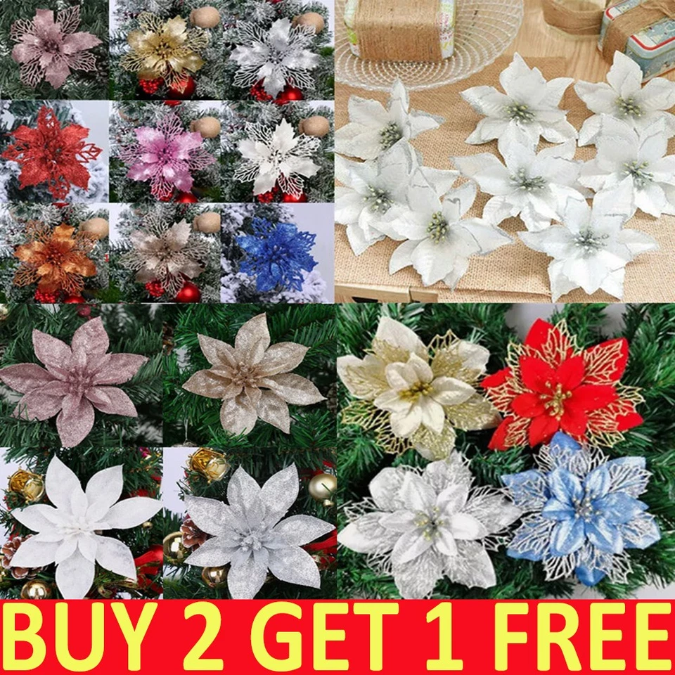 BESTDEAL 10X Large Christmas Poinsettia Glitter Flower Tree Hanging Xmas Party Decor UK