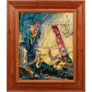 Morris Katz 2004 judío/estadounidense, pintura acrílica esquiador en Stormy Hills, firmado - Imagen 1 de 9