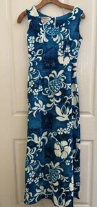 Royal Hawaiian Maxi Dress Blue Tropical Hibiscus Honolulu Polynesian Cotton Sz 6 - Picture 1 of 8
