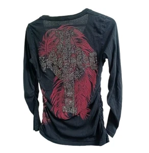 Affliction Shirt Women medium M y2k Ruched wings cross Black Vtg Grunge Scene - Picture 1 of 8