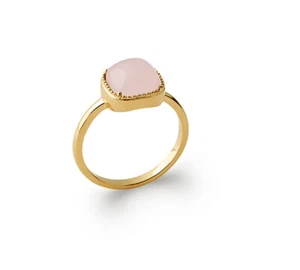 Bague en Plaqué Or 18 carats - Cabochon Solitaire Pierre Naturelle Quartz Rose - Picture 1 of 5