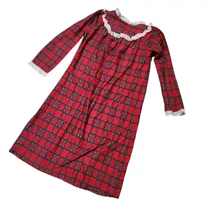 Lanz of Salzburg Nightgown Girls Size M 6 7 Red Plaid Flannel Eyelet Lace Trim - Picture 1 of 10