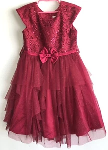 Jona Michelle Girls Dress Sz 6 Burgundy Layered Sequin Lace Button Back, Tie - Picture 1 of 4