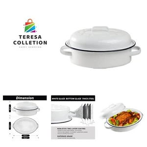 Enameled Roasting Pan with Lid, Covered Roaster Pan Oval Pot Enamelware Cookw... - Picture 1 of 9