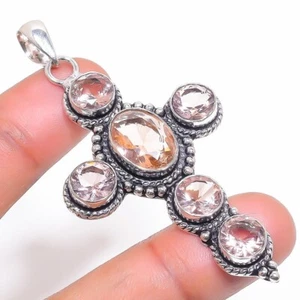 Peach Morganite Gemstone Handmade 925 Sterling Silver Jewelry Pendant Size 2.7" - Picture 1 of 1
