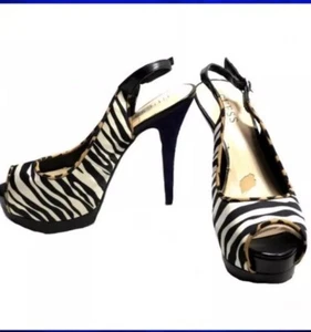 👠😎🩶Guess Cebra Rayas Satinadas Púrpura Terciopelo Tacón Punta abierta Eslinga Trasera Talla 5.5 - Imagen 1 de 7